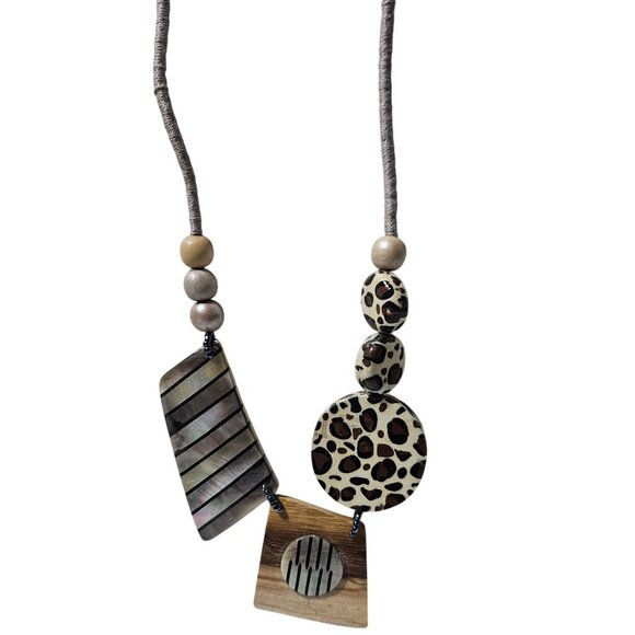 Handcrafted Abstract Pendant Necklace Leopard Print Mother of Pearl Accents - Picture 1 of 9